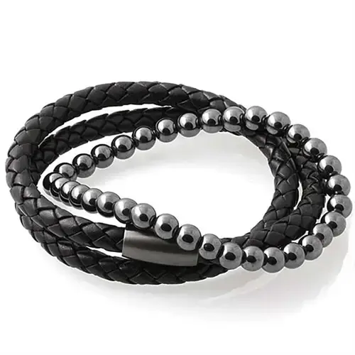 2 Armbånd i Sort Bololæder med Hæmatitperler