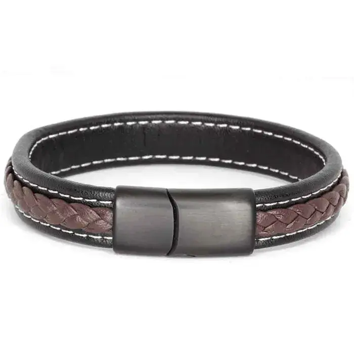 Brun Læderarmbånd med Mat Sort Stållås