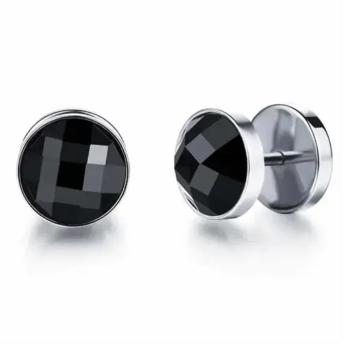 Ørestik i Blank Ædelstål med Sort Agat - Hurtig Levering