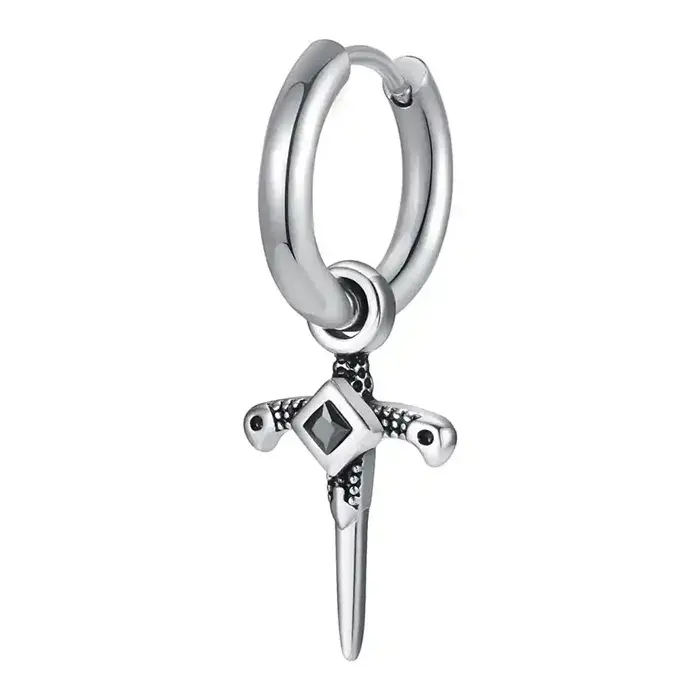 Sort Cirkon og Rustfri Stål Kors Ørering - Stilfuld Elegance