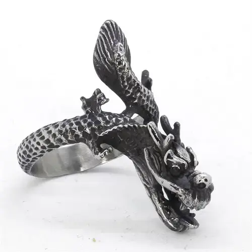 Fingerring i rustfrit stål med kinesisk drage - Biker stil