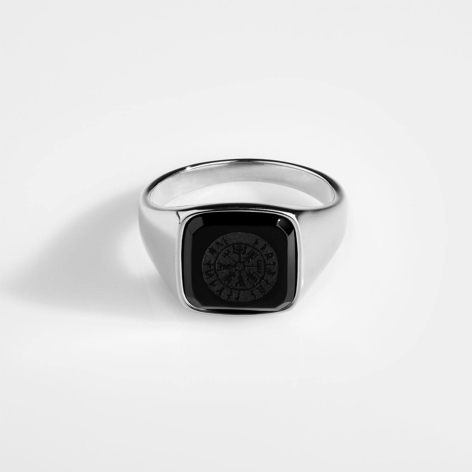 Black Onyx Vegvisir Signature - Sølvtonet Ring - Str 8 - Herre - Northern Legacy