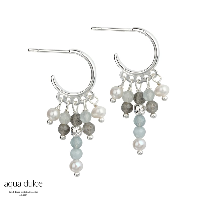 Ocean 12 Mm Hoops I Sterling Sølv Med Aquamarine Grå Calcedonia  Ferskvandsperler