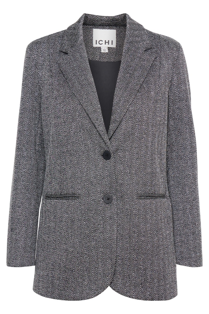 Ichi - Oversize Blazer i Boucle - Sort/Hvid Herringbone