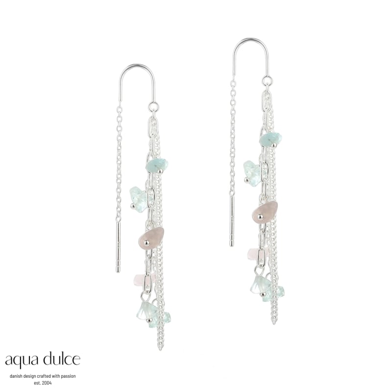 Nugget Øretråde i Sterling Sølv med Aquamarine & Rosaquartz