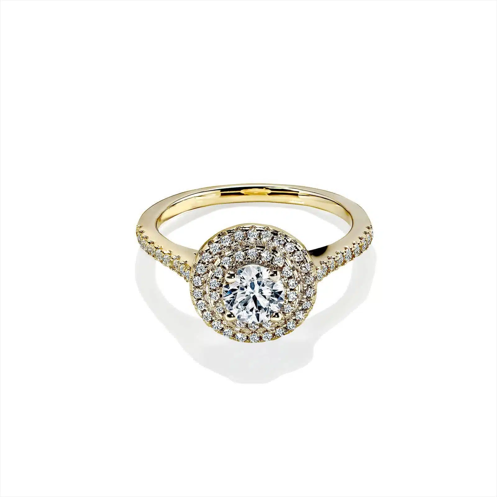 Isadora Rund Safir Forlovelsesring med Diamant Halo i Guld