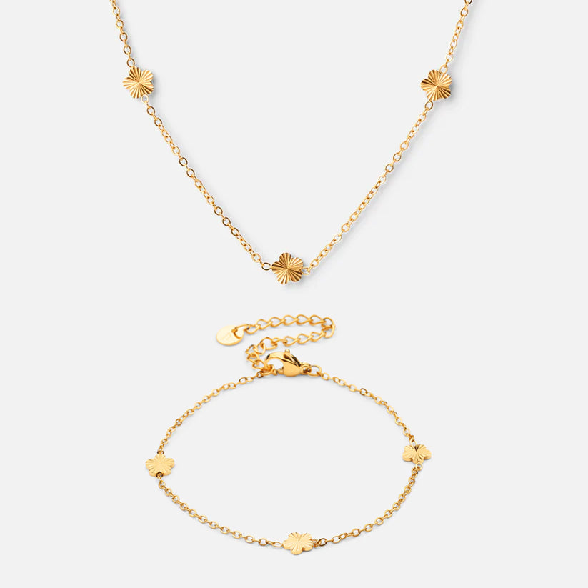 Spredeblomst Armbånd og Halskæde i 18k Guld