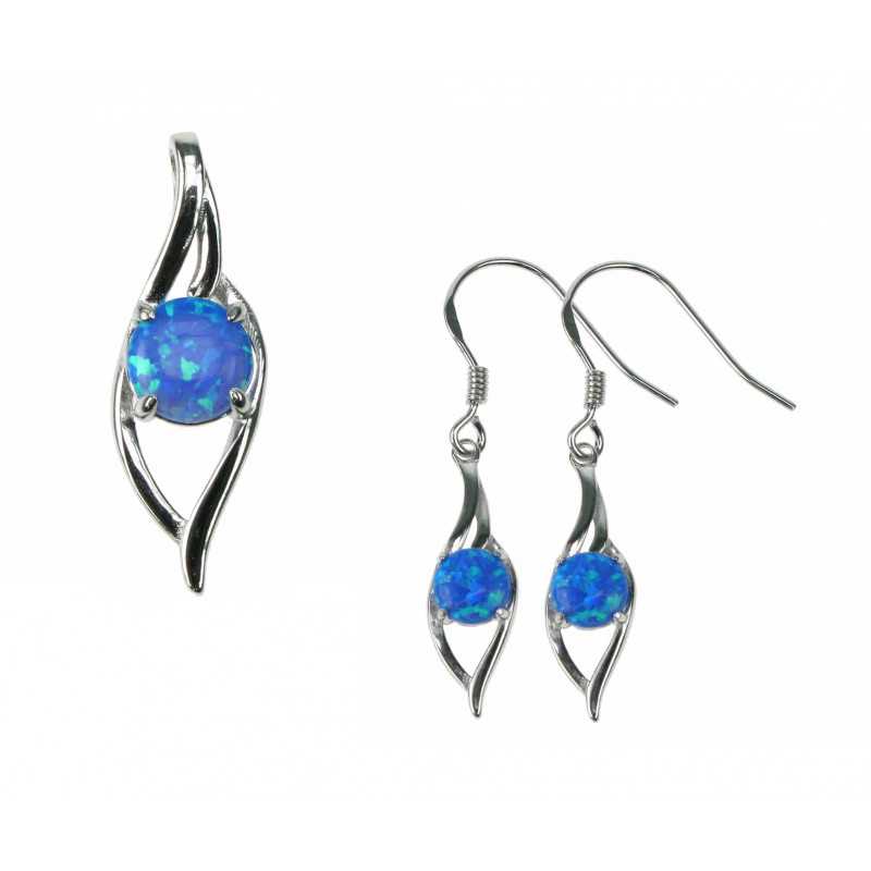 Blå Bølger - Smykkesæt i 925 Sterling Sølv med Opal