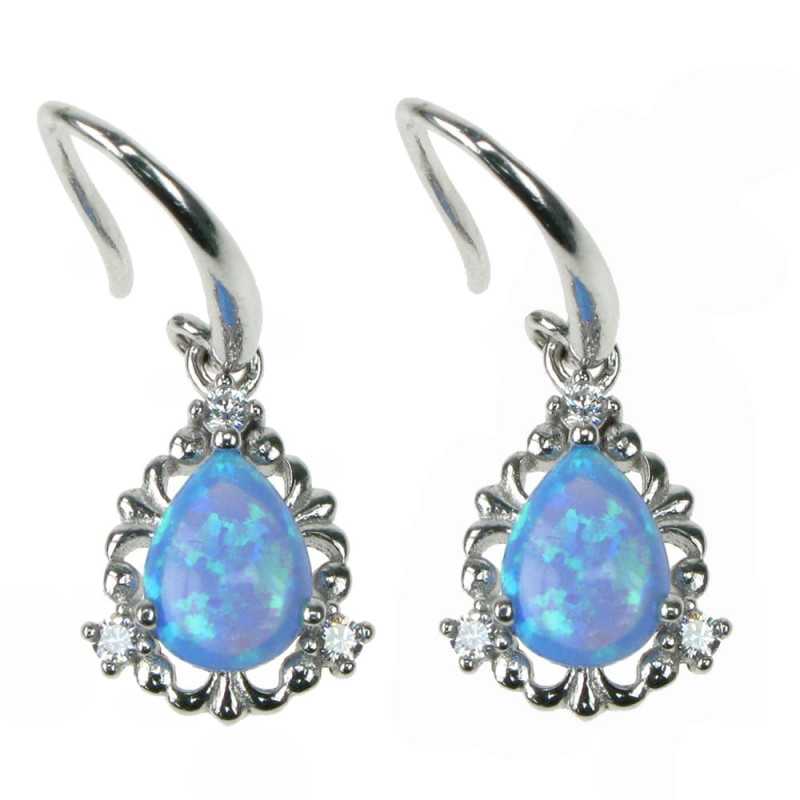 Dråbe - Øreringe med Blå Opal i 925 Sølv og Zirkonia
