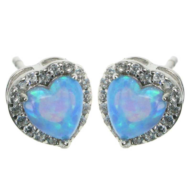 Hjerteformede opal øreringe med blå opal og zirkonia