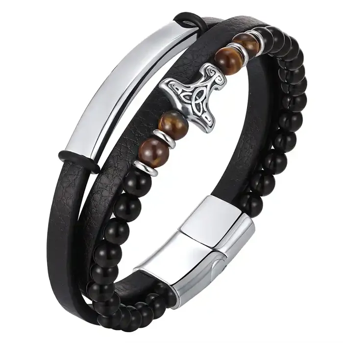 Viking Spirit Armbånd - Sort Læder med Tiger Eye Perler