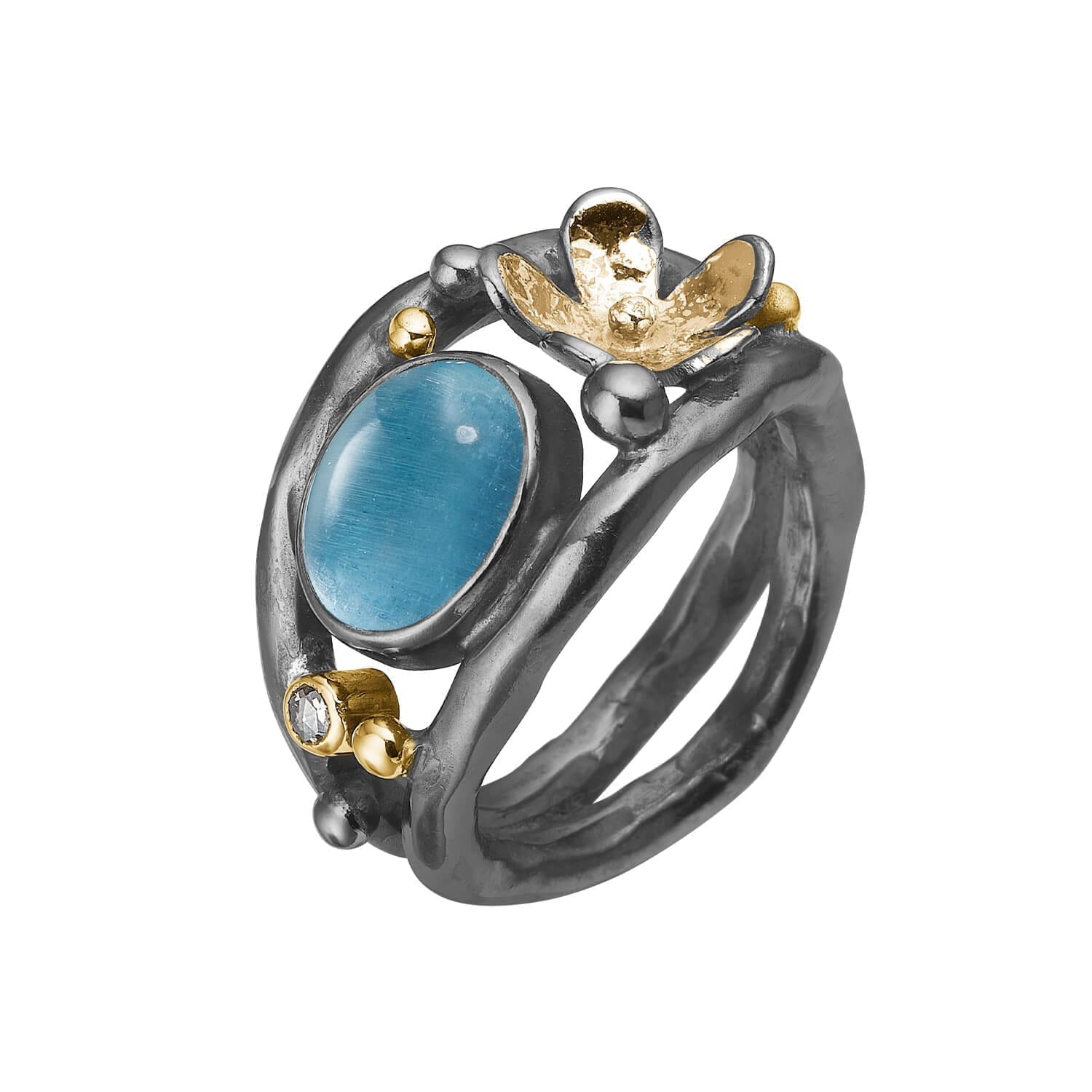 Ring Como - Diamantring med akvamarin og guldblomst
