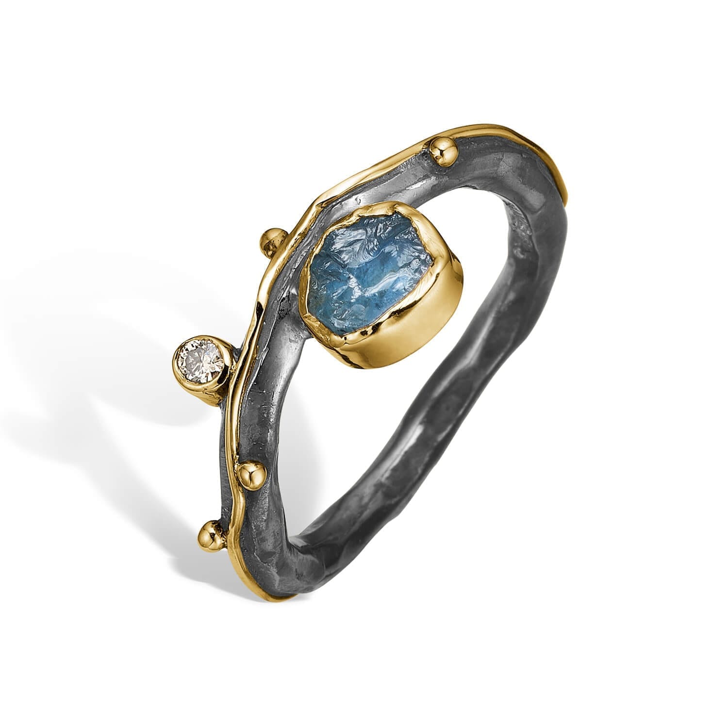 Ring Louise Aqua Raw - Sølvring med Rå Akvamarin og Diamant