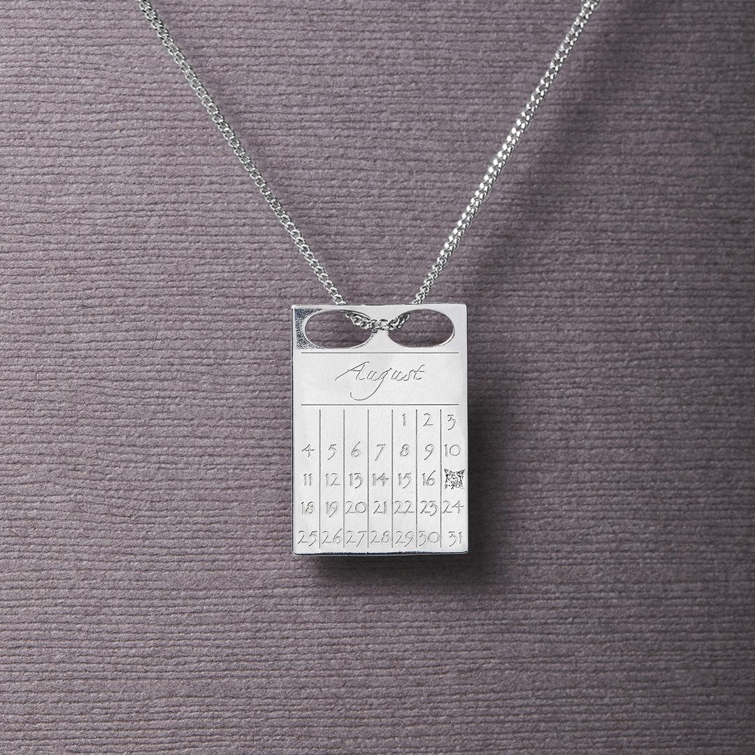 Dateplate Vedhæng & Halskæde 70 Cm - Sølv med Diamant