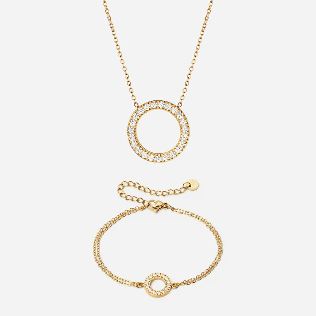 Circle Zirkon Halskæde 20mm  Armbånd 12mm 18k Guldbelagt