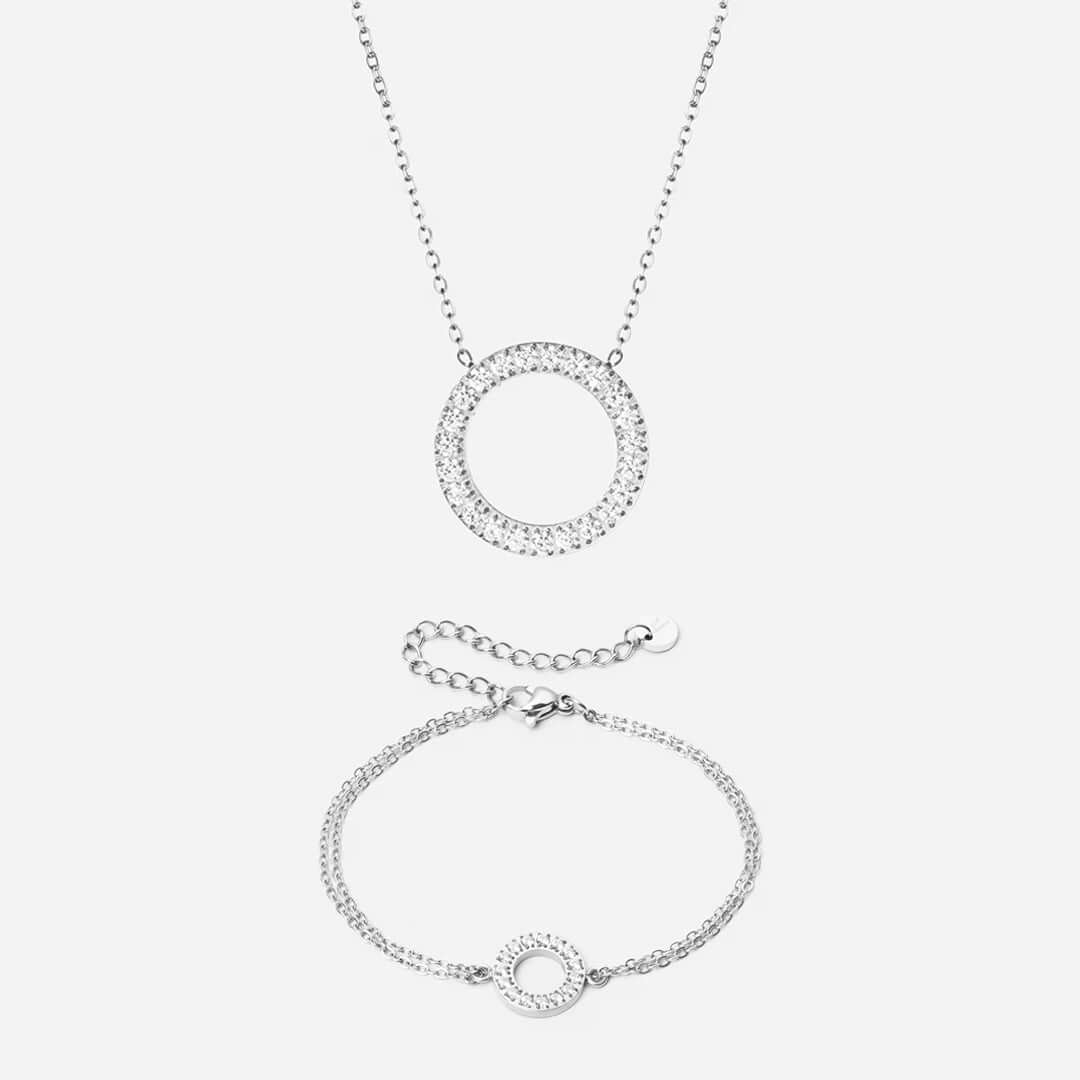 Circle Zirkon Halskæde 20mm Armbånd 12mm Sølvfarvet
