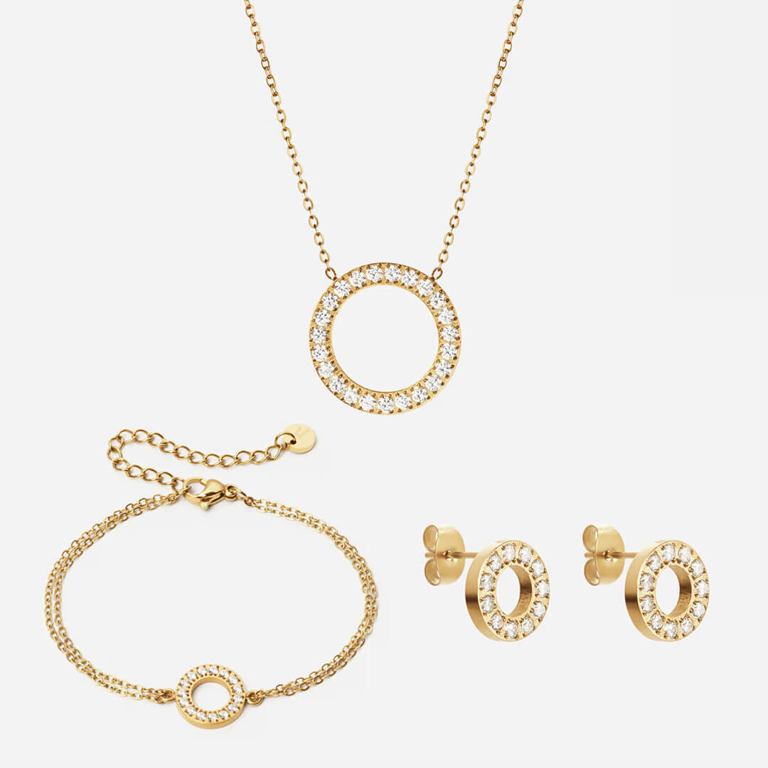 Circle Zirkon Halskæde 20mm Armbånd 12mm øreringe 10mm 18k Guldbelagt