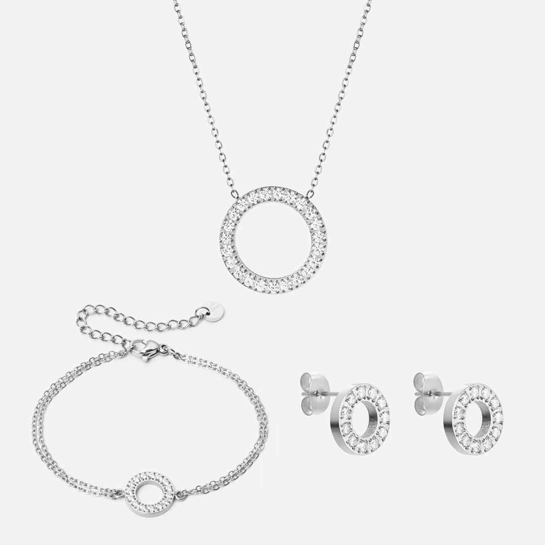 Circle Zirkon Halskæde 20mm Armbånd 12mm Sølvfarvet øreringe 10mm Sølvfarvet