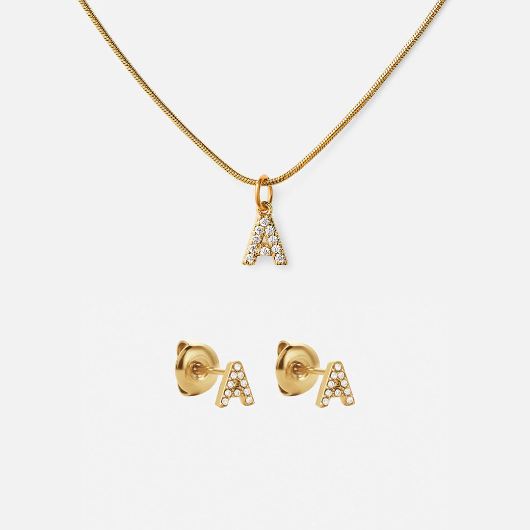 Bogstav Zirkon Halskæde  øreringe 18k Guldbelagt