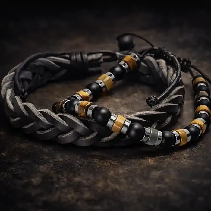 Armbåndsæt Læderarmbånd Perlearmbånd I Maskulint Design