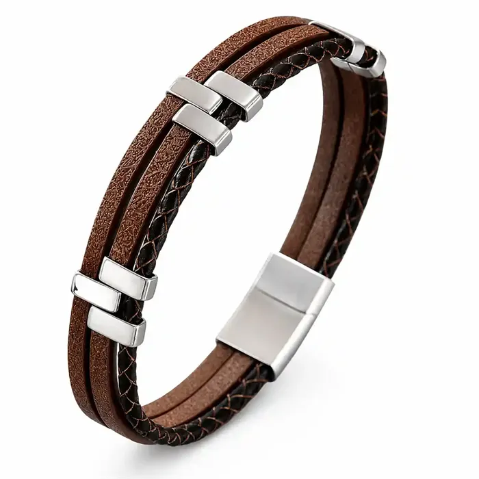Milano Fusion Brown  -  Læderarmbånd Med  Rustfrit Stål