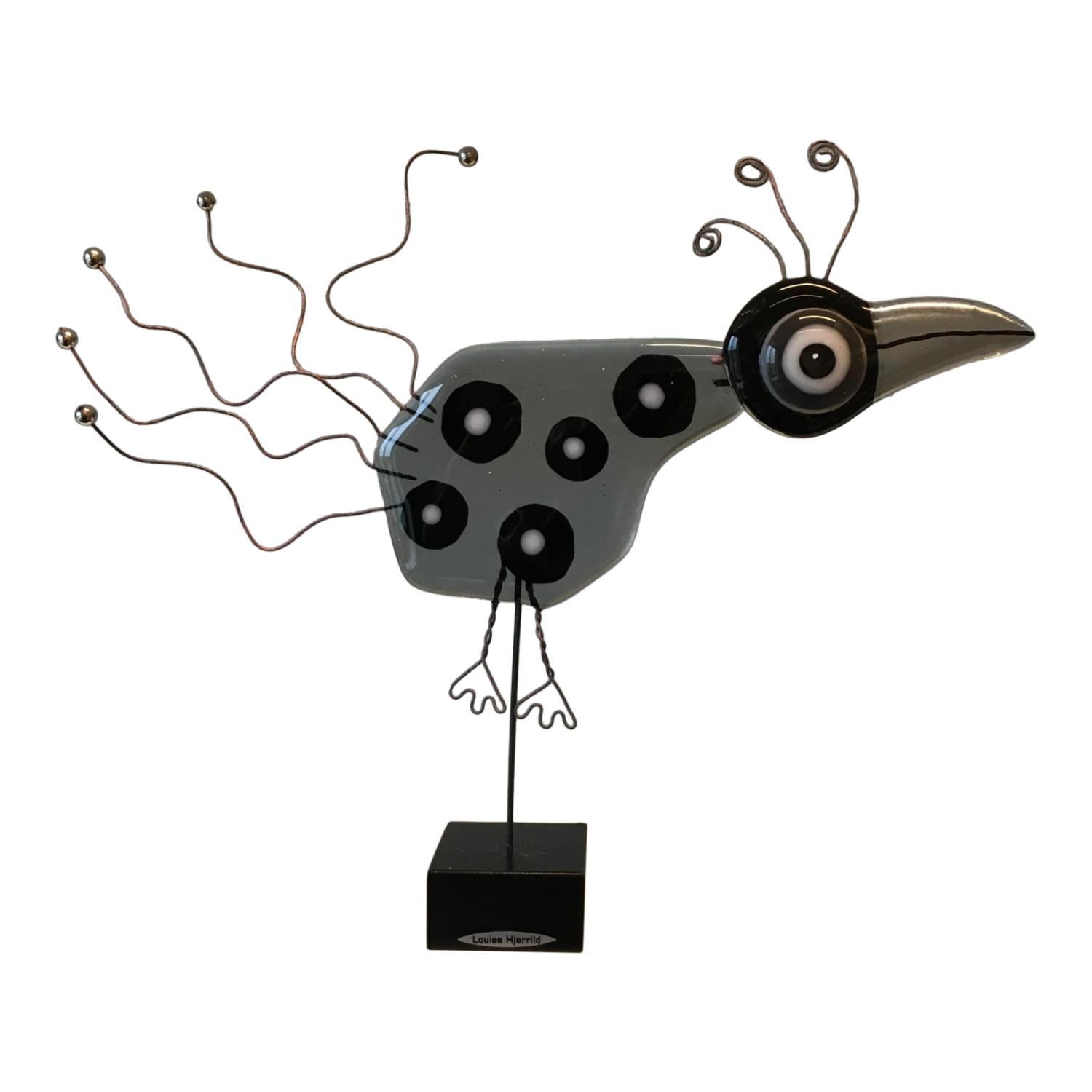 Glasfugl Med Dots Sort Og Grå Højde Ca 14 Cm Håndlavet Glasfigur Gaveide Med Hurtig Levering