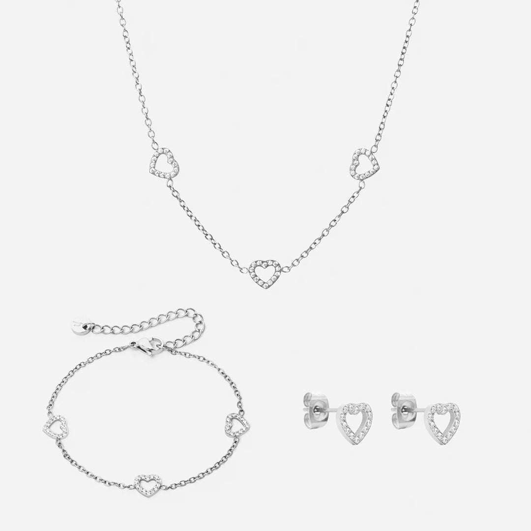 Heart Zirkon Trio Halskæde  Armbånd  øreringe Sølvfarvet 8mm