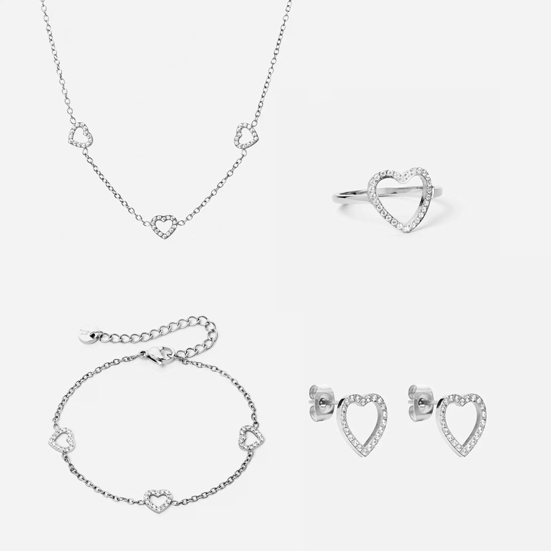 Heart Zirkon Trio Halskæde  Armbånd  øreringe  Ring Sølvfarvet 12mm