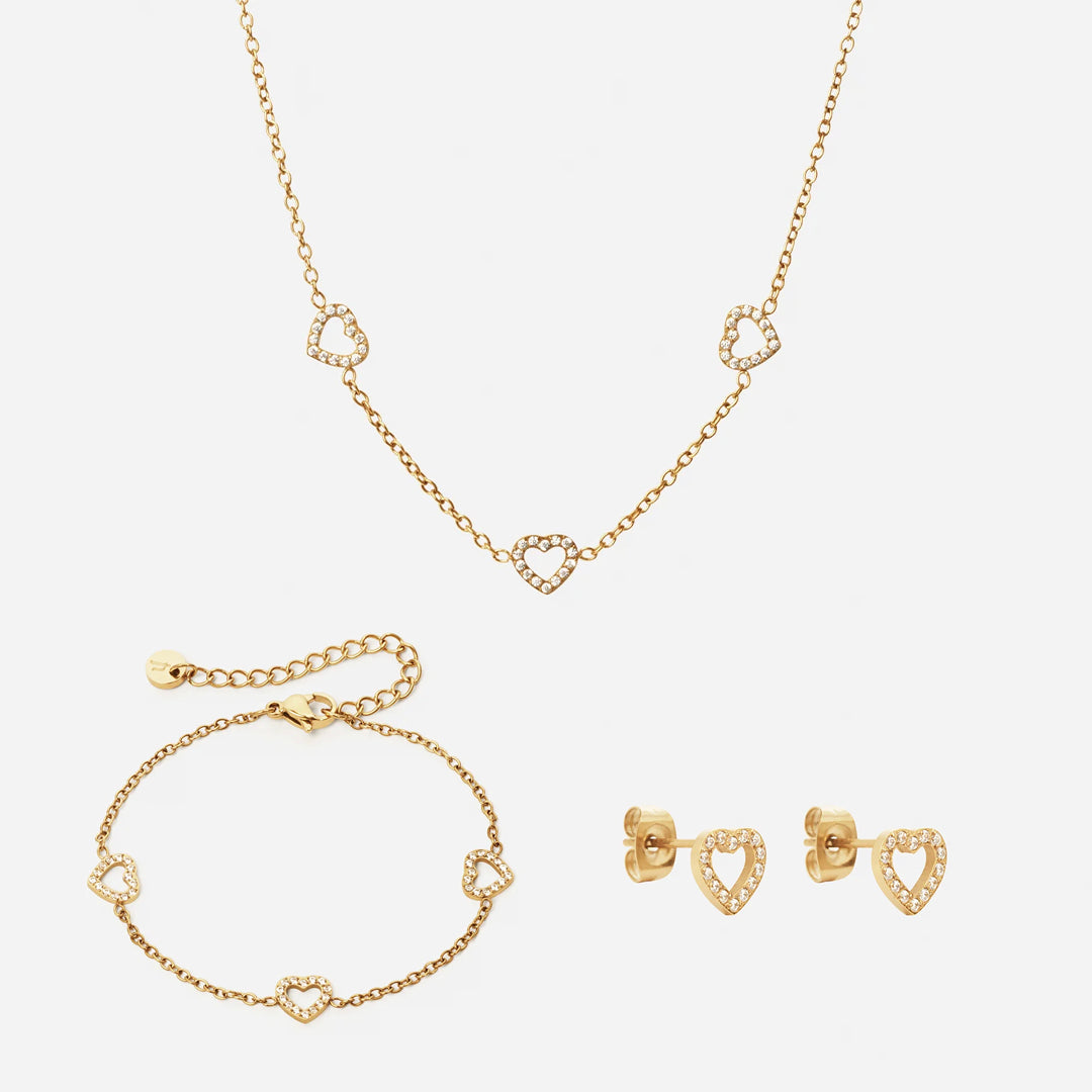 Heart Zirkon Trio Halskæde  Armbånd  øreringe 18k Guldbelagt 8mm