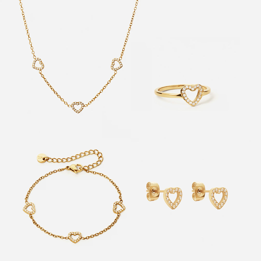 Heart Zirkon Trio Halskæde  Armbånd  øreringe  Ring 18k Guldbelagt 8mm