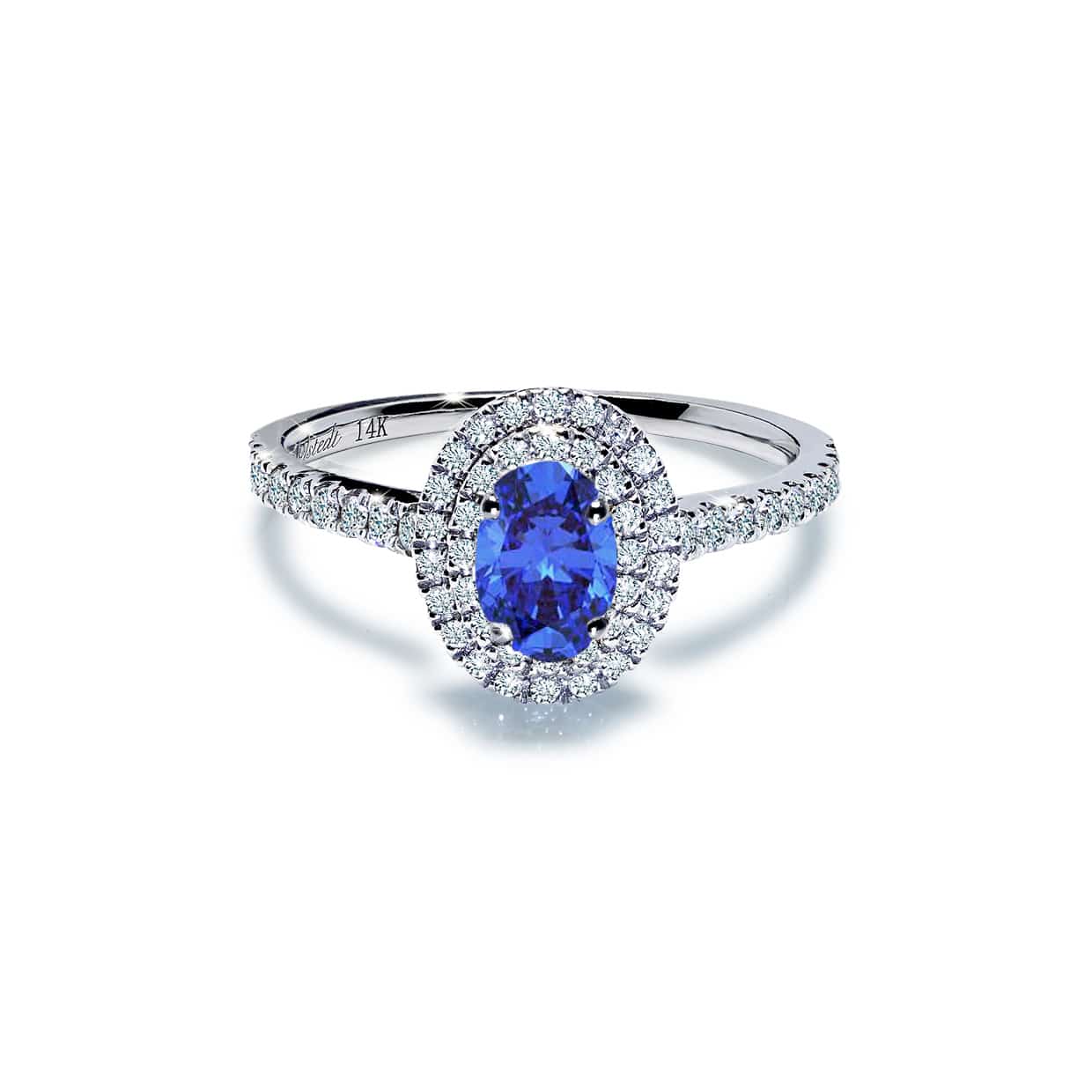Winston Forlovelsesring Med Blå Oval Safir Og Dobbelt Diamant Halo - 14k Guld 66