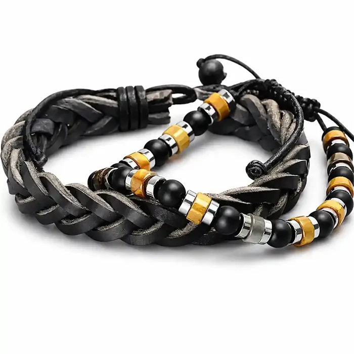 Armbåndsæt Læderarmbånd Perlearmbånd I Maskulint Design